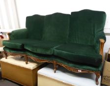 MID TO LATE TWENTIETH CENTURY FRENCH STYLE WALNUT THREE SEATER SOFA, IN BOTTLE GREEN VELOUR, ON