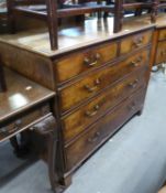 AN ANTIQUE OAK CHEST OF TWO SHORT OVER THREE LONG DRAWERS, WITH BRASS SWAN-NECK DROP HANDLES, RAISED