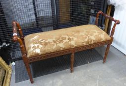 MODERN REPRODUCTION WILLIAM IV STYLE MAHOGANY WINDOW SEAT WITH SCROLL ARMS AND TURNED TAPERING LEGS,