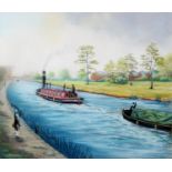 BERNARD McMULLEN (1952-2015) PASTEL DRAWING Canal scene with narrowboats and school boy with fishing