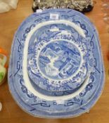 GRADUATED MATCHED GROUP OF BLUE AND WHITE MEAT PLATES AND A BLUE AND WHITE SANDWICH PLATE (4)