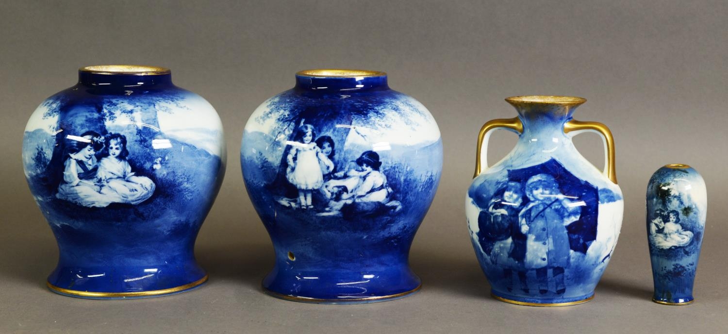 FOUR ROYAL DOULTON BLUE AND WHITE POTTERY VASES, comprising: PAIR OF POT POURRI VASES, TWO HANDLED