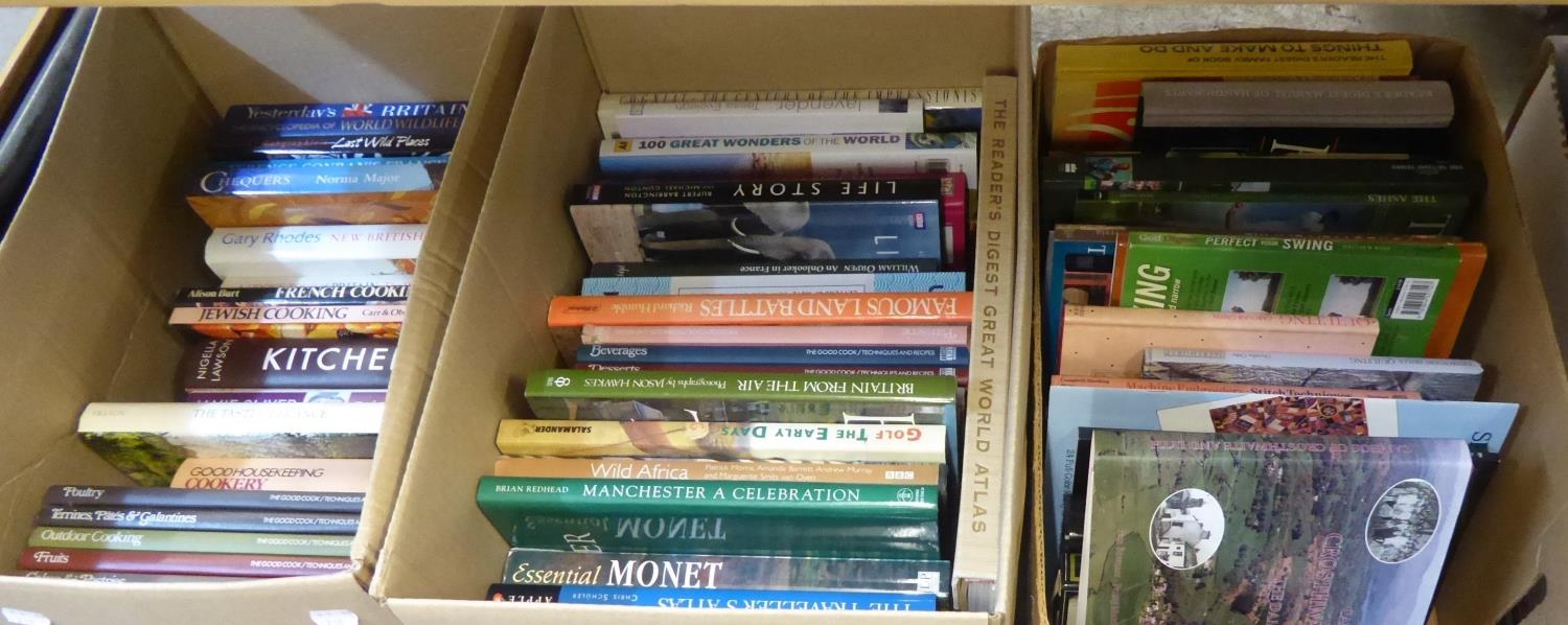 A GOOD SELECTION OF LARGE HARDBACK BOOKS TO INCLUDE; COOKERY BOOKS, TEXTILE BOOKS, WILD LIFE