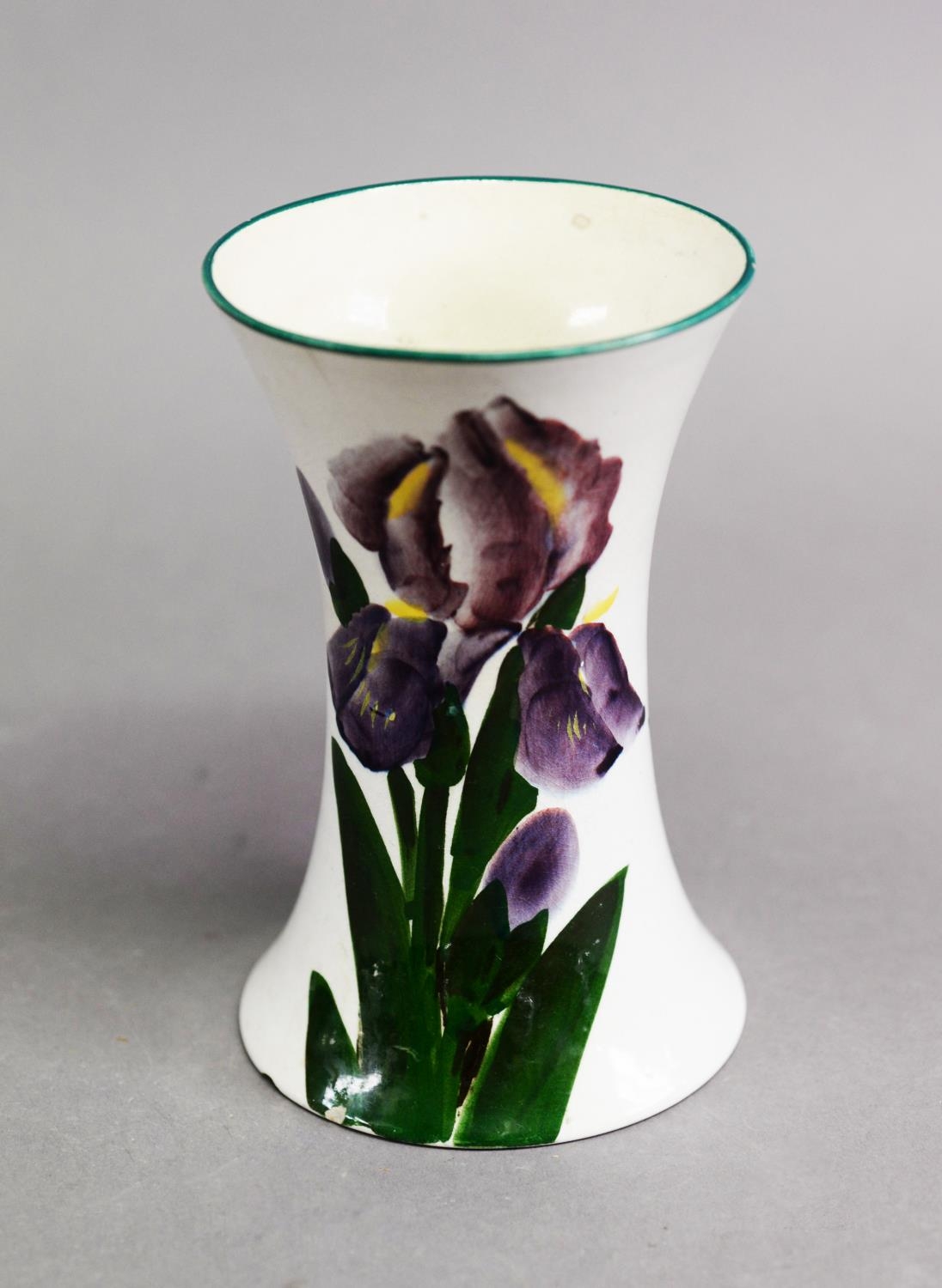 WEMYSS POTTERY IRIS PATTERN WAISTED SLEEVE VASE, with hand painted decoration and with impressed
