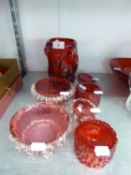 A PAIR OF VICTORIAN CRANBERRY GLASS OVAL SALTS WITH FRILL BORDERS; TWO SIMILAR CIRCULAR BOWLS; A