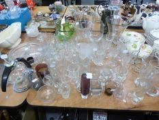 AN ART GLASS TALL OVULAR  JUG/VASE, A PURPLE SPECIMEN VASE, A PALE GLASS WATER JUG, GLASS TUMBLERS