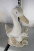 MIGUEL, SPANISH BISQUE PORCELAIN GROUP OF A WHITE DUCK WITH TWO DUCKLINGS BY A BOWL