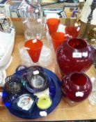 MIXED LOT OF GLASS, GRADUATED PAIR OF WHITEFRIARS STYLE RUBY COLOURED VASES, 10” (25.4cm) high and