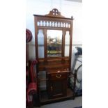 VICTORIAN HALL STAND WITH MIRROR BACK AND DRAWER AND CUPBOARD BELOW, WITH TURNED SIDE SUPPORTS