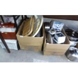 KITCHEN WARES- 2 BOXED 3L SLOW COOKERS, VARIOUS PRESTIGE STAINLESS STEEL POTS AND PANS, BAKING