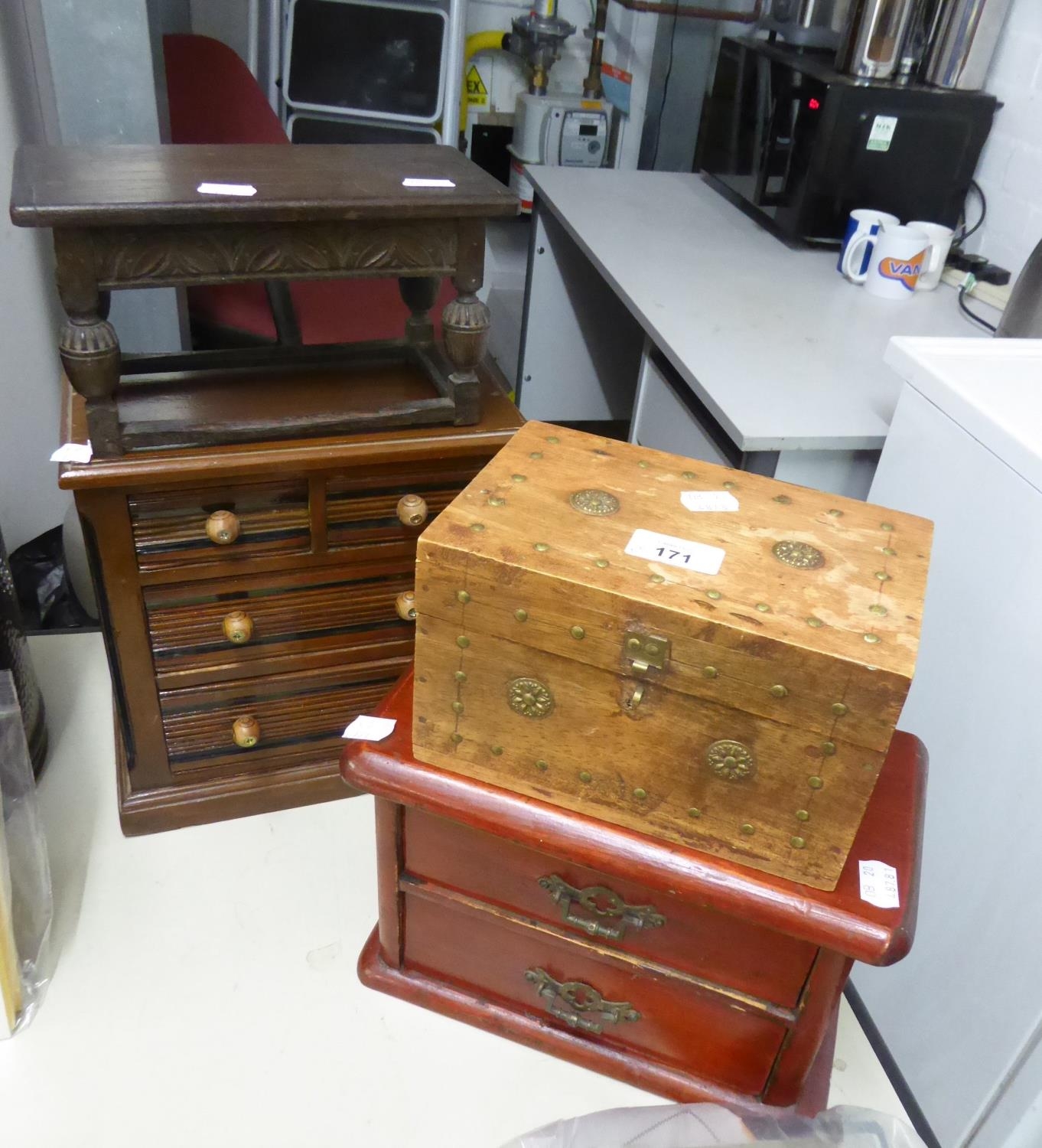 TWO MINIATURE CHESTS OF DRAWERS, A MINIATURE REFECTORY TABLE AND A SMALL BRASS STUDDED BOX AND A SET