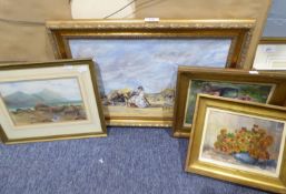 AN OIL PAINTING E. BOUDIN TWO SMALL OIL PAINTINGS, FLOWERS IN VASES SIGNED BUYSSE AND A