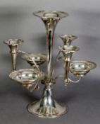 EDWARD VII SILVER TABLE CENTRE BY WALKER & HALL, the central trumpet vase issuing six scroll