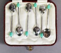 GEORGE V CASED SET OF SIX SILVER BEAN TOP COFFEE SPOONS, with turquoise beans, Birmingham 1927, 1ozt