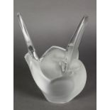 LALIQUE, FRENCH FROSTED GLASS FLOWER BOWL in the form of two doves and with two clear glass wings, 8