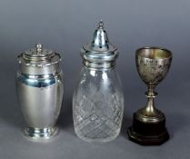 THREE PIECES OF GEORGE V AND LATER SILVER, comprising: SUGAR CASTOR, with cyma border and moulded