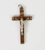 OLD WOODEN CRUCIFIX PENDANT with silver coloured metal mounts and figure of Christ, ring hanger, 3
