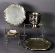 GRADUATED PAIR OF ELECTROPLATED SALVERS BY WALKER & HALL, each with scroll engraved centre, beaded