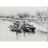 MARCEL DYF (1899-198) charcoal drawing ‘Steam Tugs Moored on a Riverside in Winter’ Signed lower