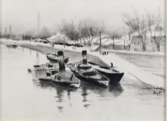 MARCEL DYF (1899-198) charcoal drawing ‘Steam Tugs Moored on a Riverside in Winter’ Signed lower