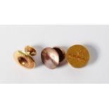 TWO 18ct GOLD DRESS STUDS and one 15ct gold dress stud, in case, 2.9gms in total (3)