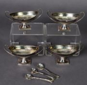 SET OF FOUR ELECTROPLATED TWO HANDLED PEDESTAL OPEN SALTS, each of part fluted oval form with oblong