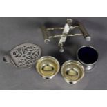 ELECTROPLATED NOVELTY DUAL SPILL HOLDER, modelled as a walking stile, PAIR OF OPEN SALTS, ANOTHER,