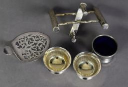 ELECTROPLATED NOVELTY DUAL SPILL HOLDER, modelled as a walking stile, PAIR OF OPEN SALTS, ANOTHER,