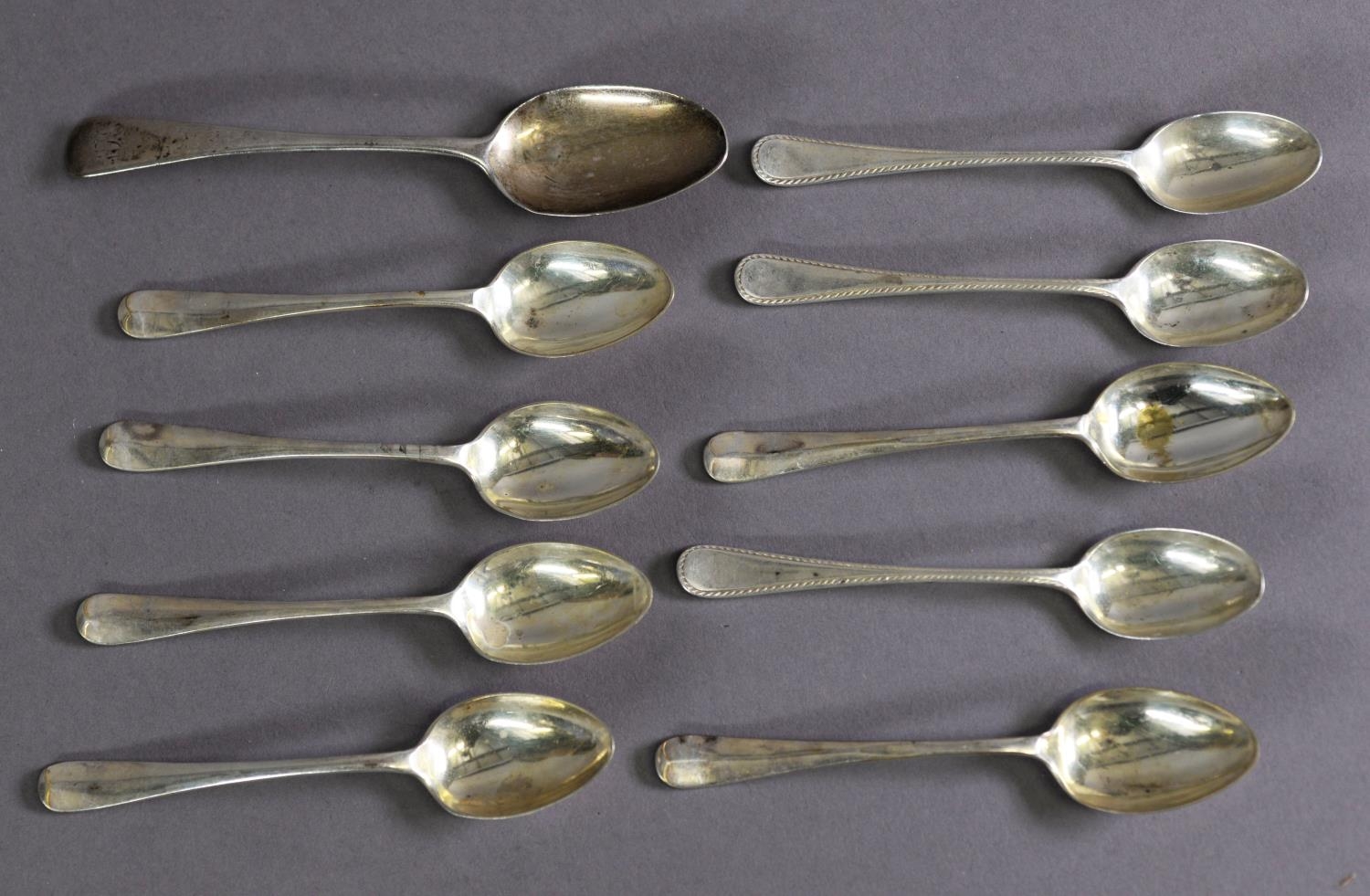 GEORGE IV SILVER TEASPOON, initialled, London 1823, together with a SET OF THREE FEATHER EDGE SILVER