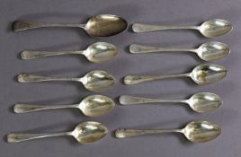 GEORGE IV SILVER TEASPOON, initialled, London 1823, together with a SET OF THREE FEATHER EDGE SILVER