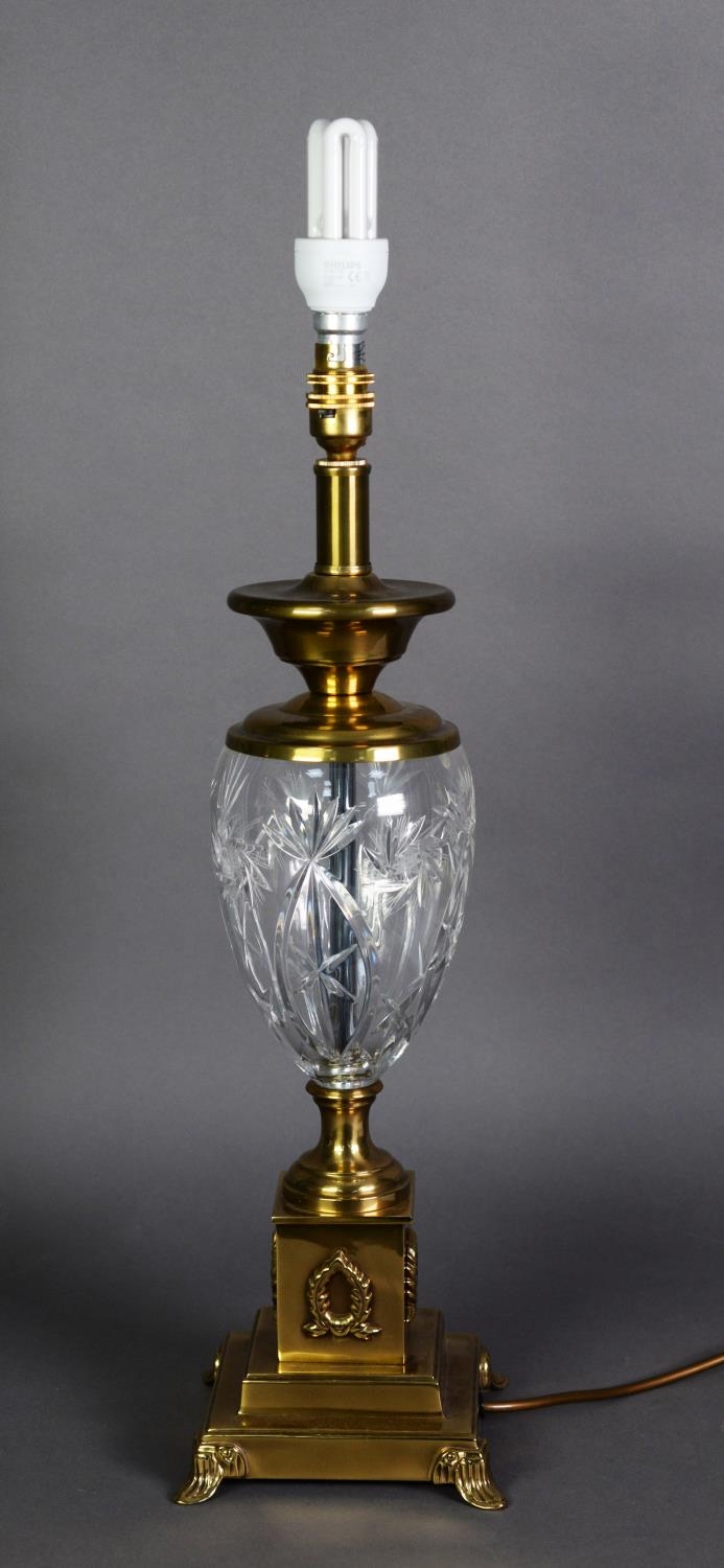 BRASS TABLE LAMP with cut glass urn shaped body, on brass foot and brass square, stepped plinth base - Image 2 of 2