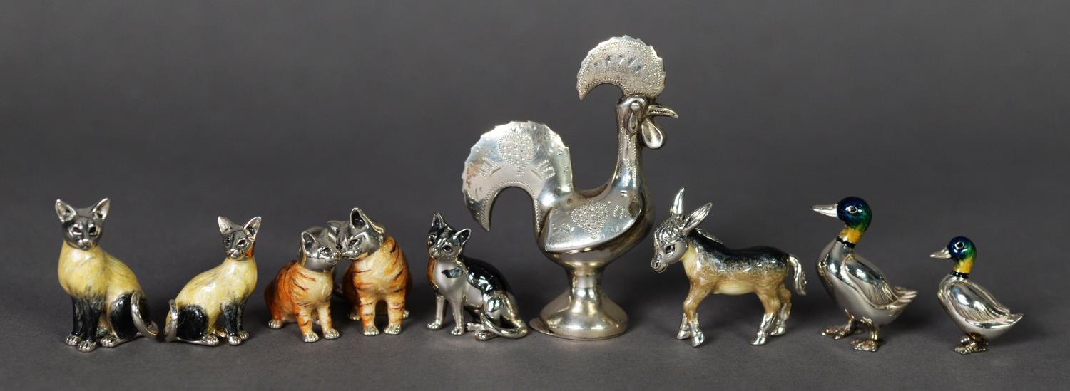 STERLING SILVER MODEL OF THE ROOSTER OF BARCELOS, 3” (7.6cm) high, together with EIGHT ENAMELLED