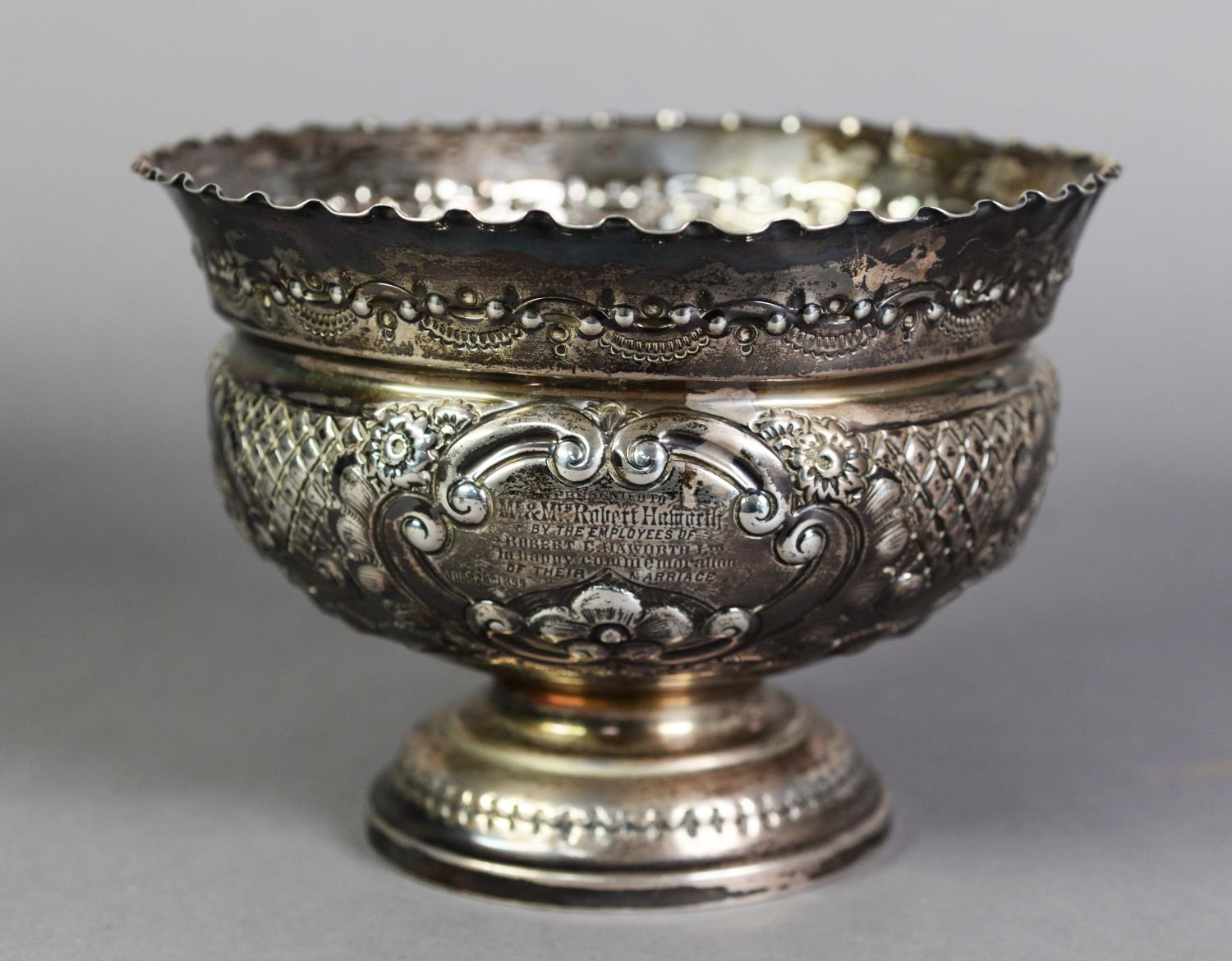 LATE VICTORIAN EMBOSSED SILVER PRESENTATION ROSE BOWL BY GEORGE JACKSON & DAVID FULLERTON,