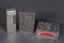 DUNHILL ENGINE TURNED STERLING SILVER POCKET CIGARETTE LIGHTER, together with ANOTHER, ZIPPO TYPE,