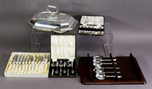MIXED LOT OF ELECTROPLATE, to include: CANTED OBLONG ENTRÉE DISH AND COVER, PAIR OF BERRY SPOONS,