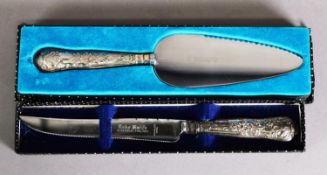MODERN BOXED CAKE KNIFE WITH QUEENS PATTERN FILLED SILVER HANDLED, and a MATCHING CAKE SLICE, (2)