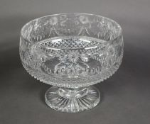 STUART HEAVY CUT GLASS PEDESTAL PUNCH BOWL, decorated with flower head tied swags above a stud cut