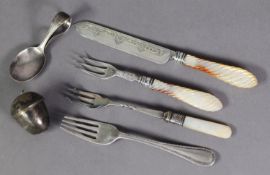 VICTORIAN BRIGHT CUT ENGRAVED SILVER DESSERT KNIFE AND FORK, with spirally reeded mother of pearl