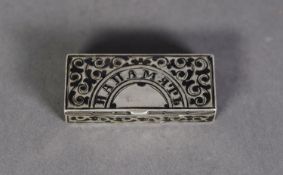 RUSSIAN SILVER COLOURED METAL NIELLO WORK PILL BOX, (.84 STANDARD) of oblong form with scroll
