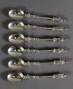 SET OF SIX FOREIGN SILER COLOURED METAL APOSTLE TOPPED TEASPOONS, 4.7ozt