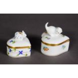 TWO HEREND HUNGARIAN PORCELAIN HEART-SHAPED GRADUATED TRINKET BOXES, the lids with animal finials [