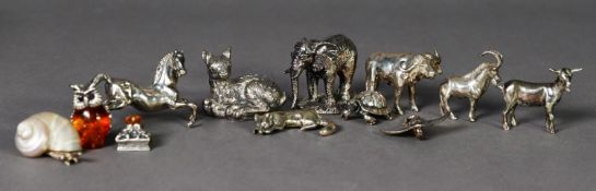COLLECTION OF EIGHT STERLING OR 800 STANDARD SILVER COLOURED METAL MINIATURE MODELS OF ANIMALS, some
