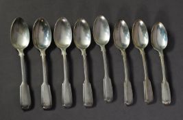 VICTORIAN SET OF EIGHT SILVER FIDDLE AND THREAD PATTERN LARGE TEASPOONS BY JOSIAH WILLIAMS, 6” (15.