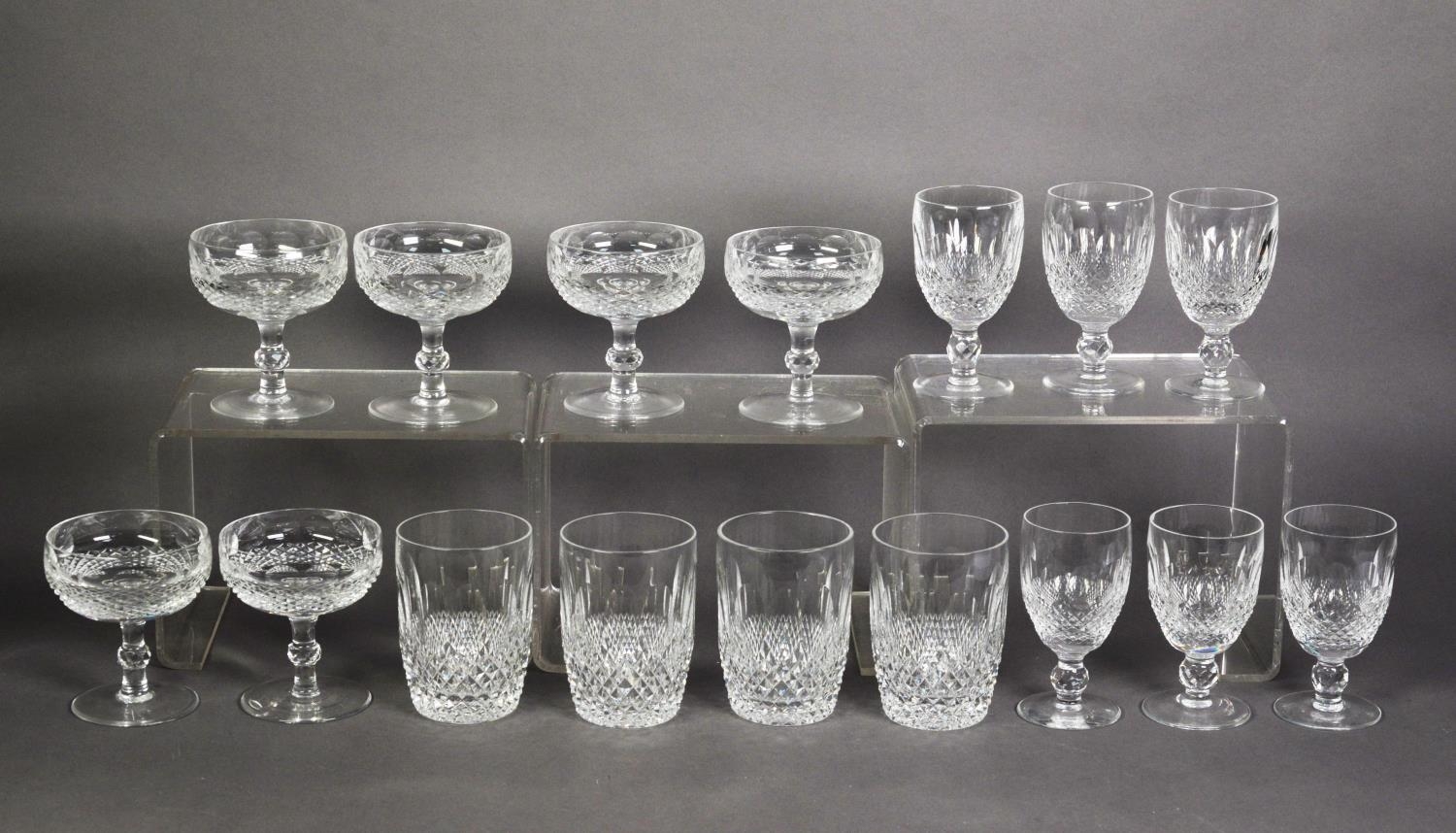 WATERFORD COLEEN PATTERN: a set of six champagne coupes on knopped stems, six wine glasses and