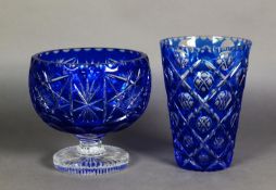 A CUT AND BLUE STAINED GLASS CIRCULAR DEEP BOWL, on short stem and star cut circular foot, 8” (20.