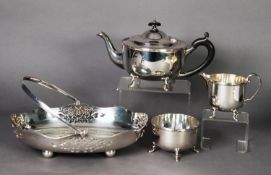 THREE PIECE ELECTROPLATED TEASET, of circular form with stepped hoof feet and reeded borders, the