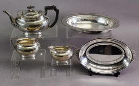 THREE PIECE ELECTROPLATED PRESENTATION TEA SET, of oval for with black angular scroll handle and