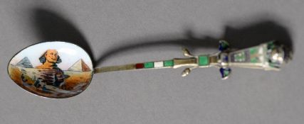 EGYPTIAN ENAMELLED SILVER COLOURED METAL SOUVENIR TEASPOON, (800 standard) with captive gilt mummy