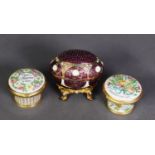 TWO HALCYON DAYS ENAMELLED ‘MOTHER’S DAY’ SMALL BOXES with hinged lids and an enamelled and a gilt