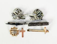 SILVER AND MARCASITE OPEN WORK OBLONG BAR BROOCH; a small gold coloured metal CROSS PENDANT set with